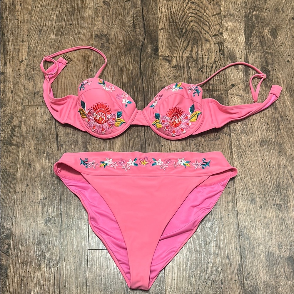 Pink Floral Embroidered Bikini Set